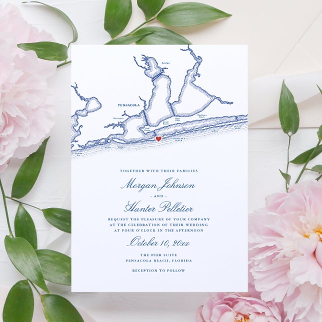 Elegant Pensacola Beach FL Map Wedding Invitation (Elegant Pensacola Beach FL Wedding Invitations with navy blue map by Coastal Map Designs)