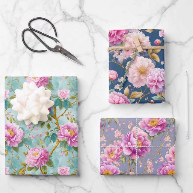 Elegant Peonies Floral Gift Wrapping Paper Sheets (Front)