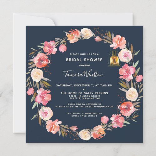 Elegant Peonies Floral Lanterns Navy Bridal Shower Invitation