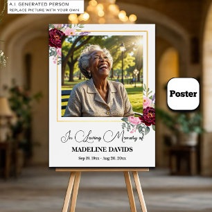 Elegant Peonies Gold Frame Photo Funeral Poster
