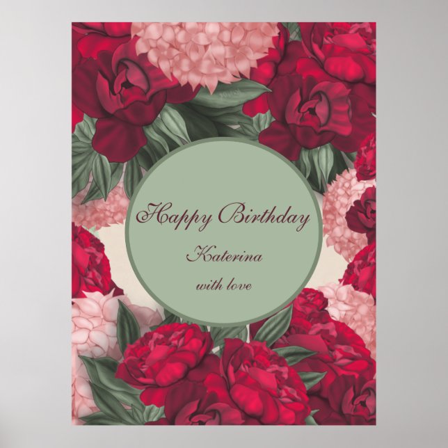 Elegant Peonies. Happy Birthday. Personalized Poster (Front)