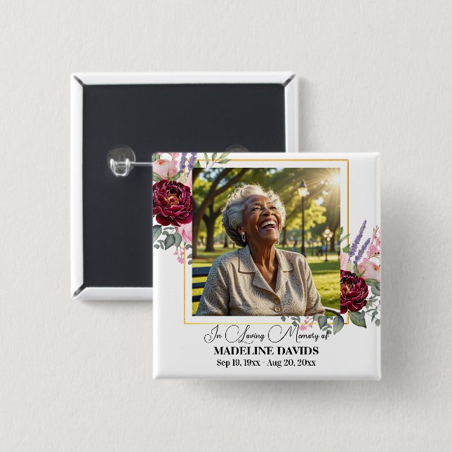 Elegant Peonies Photo Funeral Keepsake  Button (Front & Back)