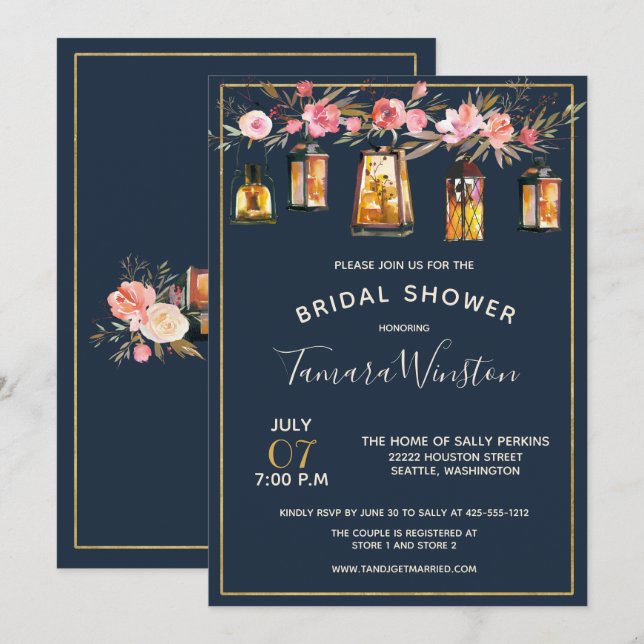 Elegant Peonies Rustic Lanterns Navy Coral Floral Invitation (Front/Back)