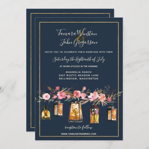 Elegant Peonies Rustic Lanterns Navy Coral Wedding Invitation