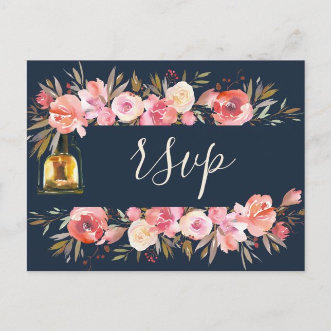 Elegant Peonies Rustic Lanterns Navy Coral Wedding Invitation Postcard (Front)