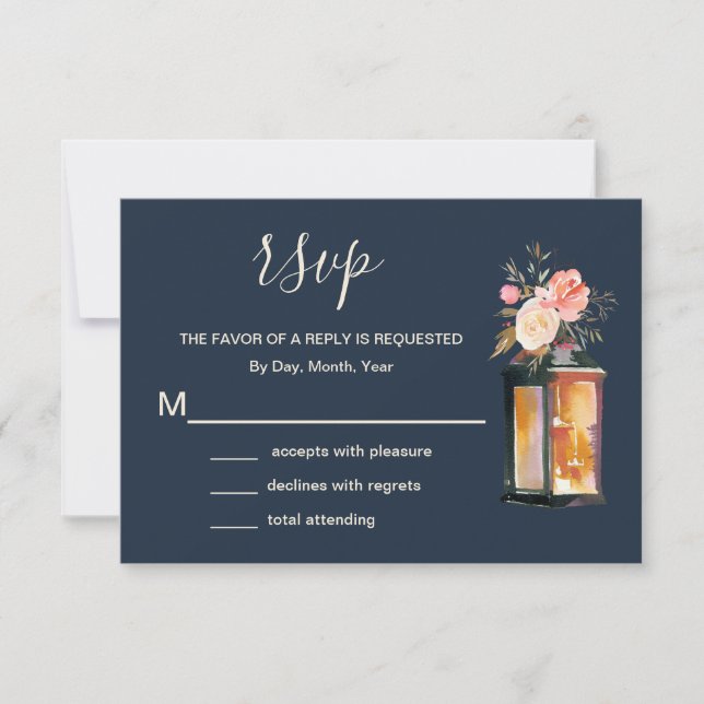 Elegant Peonies Rustic Lanterns Navy Coral Wedding RSVP Card (Front)