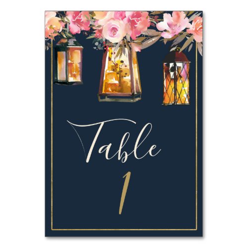 Elegant Peonies Rustic Lanterns Navy Coral Wedding Table Number