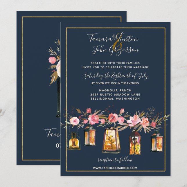 Elegant Peonies Rustic String Lights Navy Coral Invitation (Front/Back)