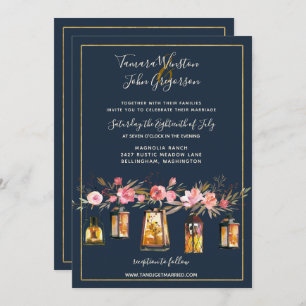 Elegant Peonies Rustic String Lights Navy Coral Invitation