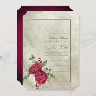 Elegant Peonies Sage Green Watercolor Baptism Invitation