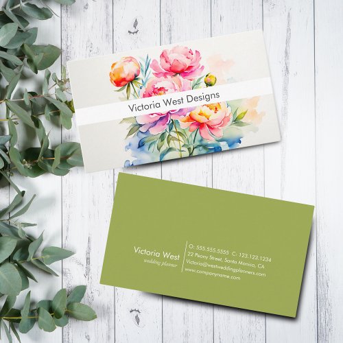 Elegant Peonies Watercolor Floral  Business Card
