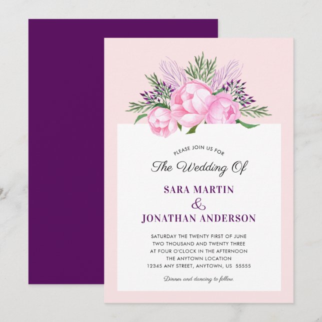 Elegant Peonies Watercolor | Wedding Invitation (Front/Back)