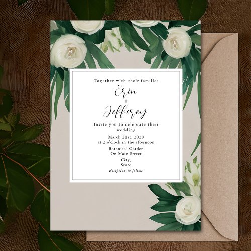 Elegant Peonies White Floral Greenery Wedding Invitation