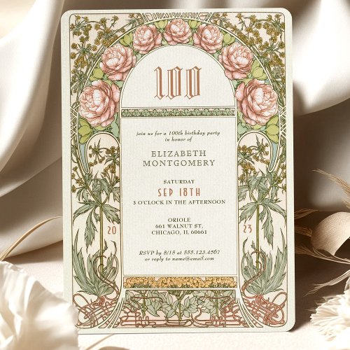Elegant Peony 100 Celebration Art Nouveau Mucha Invitation