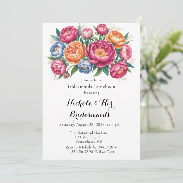 Elegant Peony Bouquet Bridesmaids Luncheon Invitation (Standing Front)