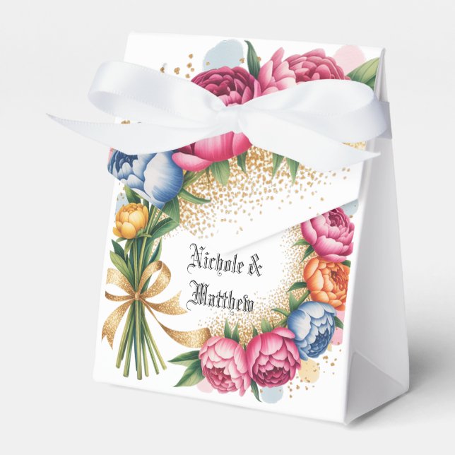 Elegant Peony Bouquet Gold Glitter Wedding Favor Boxes (Front Side)