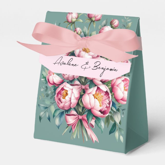 Elegant Peony Bouquet in Watercolor Wedding Favor Boxes (Front Side)