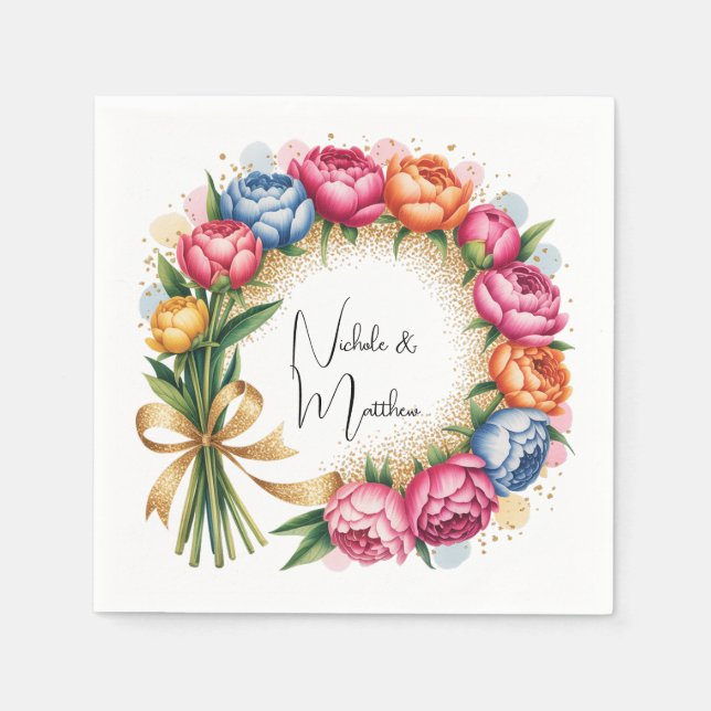 Elegant Peony Bouquet Wedding Napkins (Front)