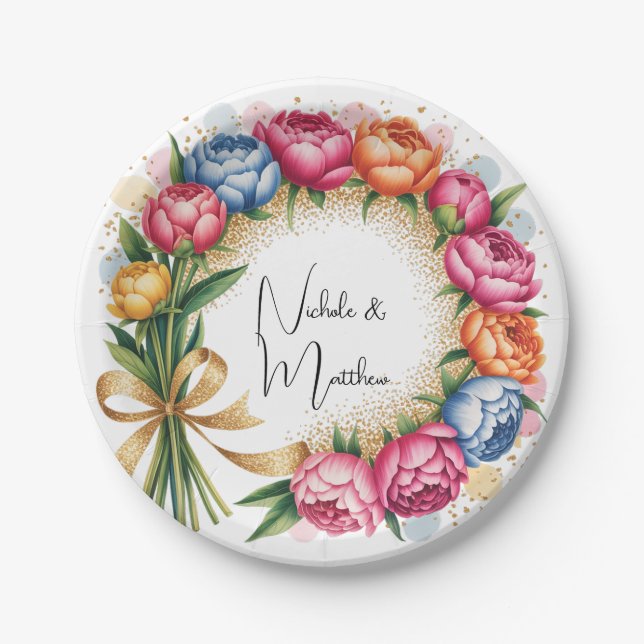Elegant Peony Bouquet Wedding Paper Plates (Front)