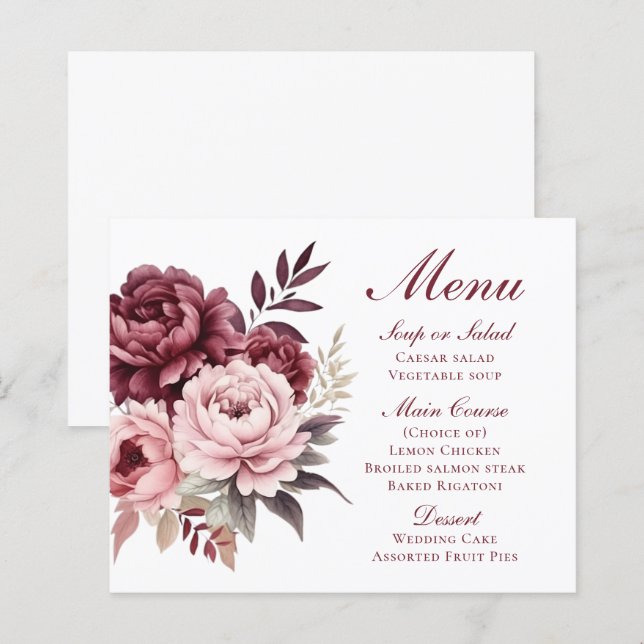 Elegant Peony Burgundy Floral Wedding Menu (Front/Back)