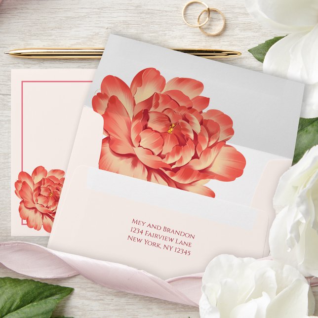 Elegant Peony Chinese Wedding Invitation 5x7  Envelope (Elegant Retro Peony Wedding Invitation 5x7 Envelope)