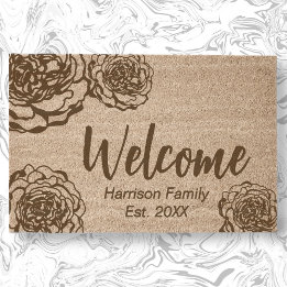 Elegant Peony Family Name Established Welcome coir Fiber Doormat
