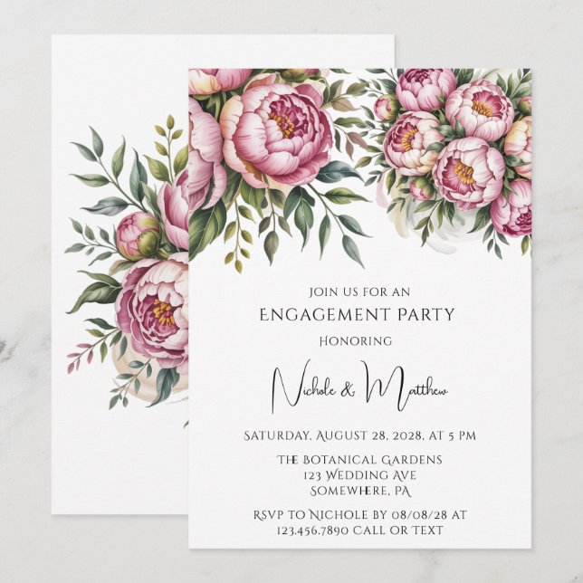 Elegant Peony Floral Arrangement Engagement Party Invitation (Front/Back)