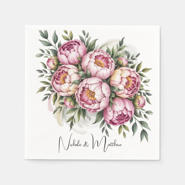 Elegant Peony Floral Arrangement Wedding Napkins (Front)