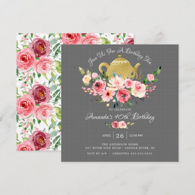 Elegant Peony Floral Birthday Tea Invitation (Front/Back)
