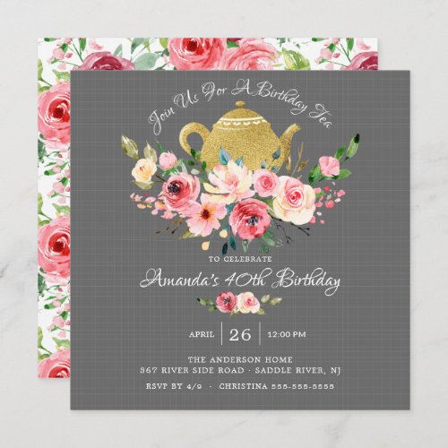 Elegant Peony Floral Birthday Tea Invitation