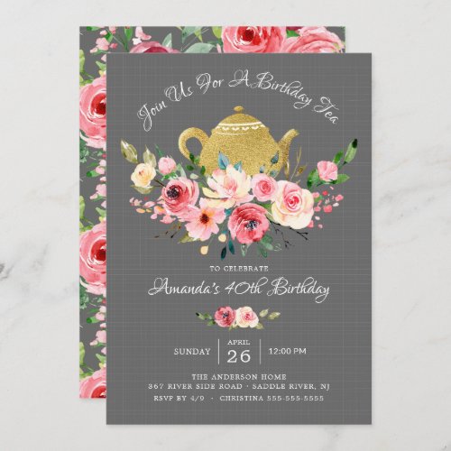 Elegant Peony Floral Birthday Tea Invitation