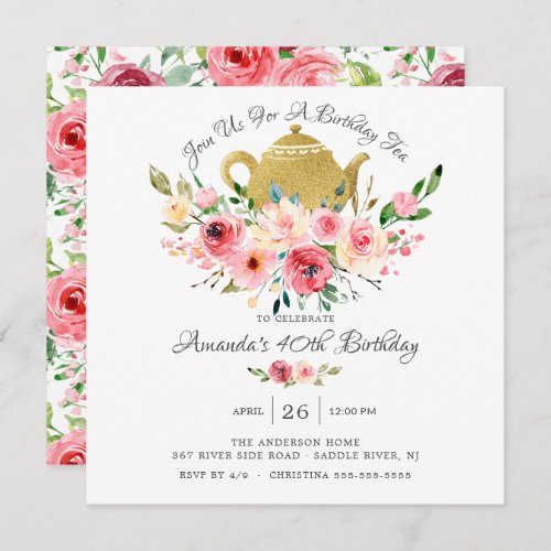 Elegant Peony Floral Birthday Tea Invitation