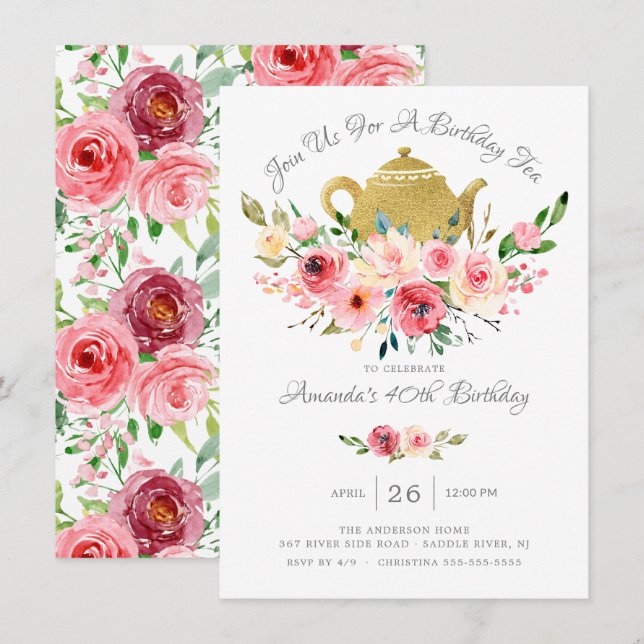 Elegant Peony Floral Birthday Tea Invitation (Front/Back)