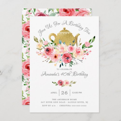 Elegant Peony Floral Birthday Tea Invitation