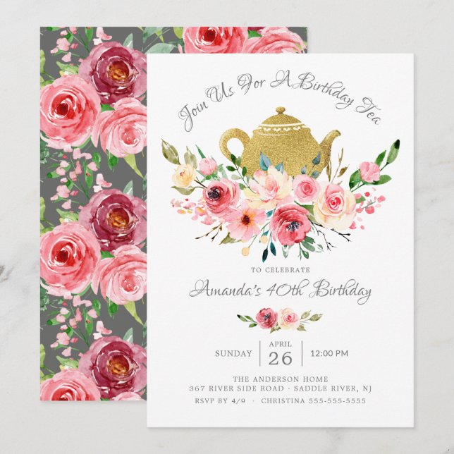 Elegant Peony Floral Birthday Tea Invitation (Front/Back)