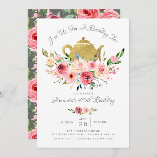 Elegant Peony Floral Birthday Tea Invitation