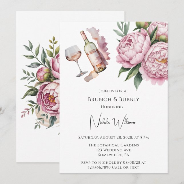 Elegant Peony Floral Brunch & Bubbly Invitation (Front/Back)