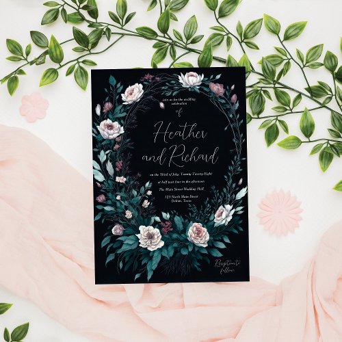 Elegant Peony Floral Foliage Wreath Wedding Invitation