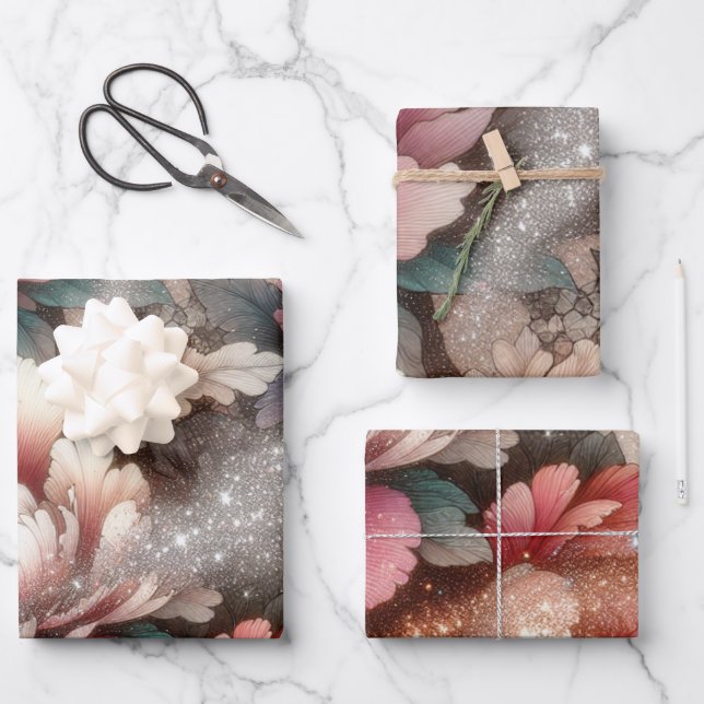 Elegant Peony Floral Glitter Art Wrapping Paper Sheets (Front)
