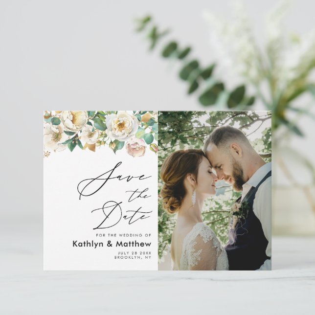Elegant Peony Floral Greenery Script Photo Wedding Save The Date (Standing Front)