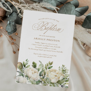 Elegant Peony Floral Script Baptism Invitation