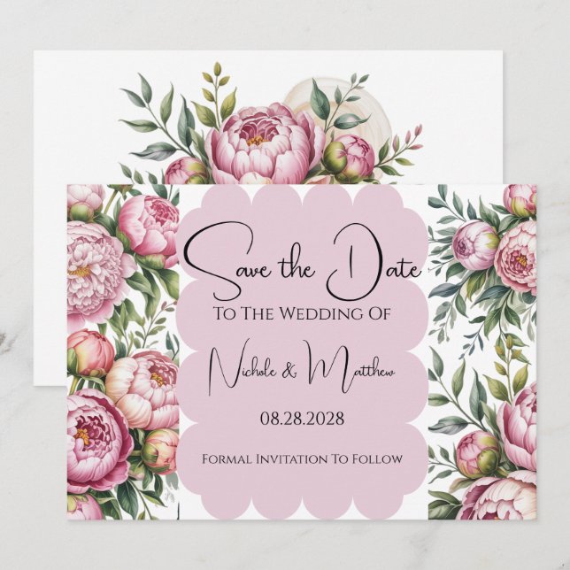 Elegant Peony Floral Wedding Save the Date Invitation (Front/Back)