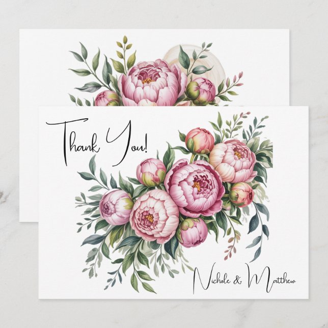 Elegant Peony Floral Wedding Thank You Cards (Front/Back)