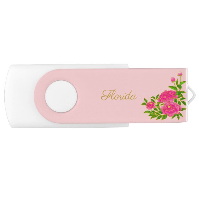 Elegant peony flowers & golden calligraphy on pink flash drive (Front)