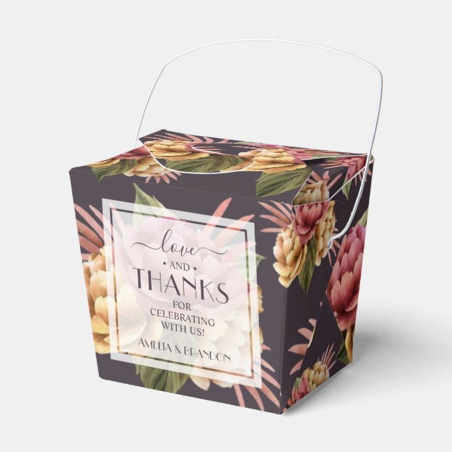 Elegant Peony Flowers on Purple Brown Favor Boxes (Front Side)