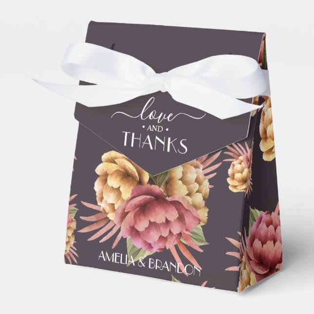 Elegant Peony Flowers on Purple Brown Favor Boxes (Front Side)