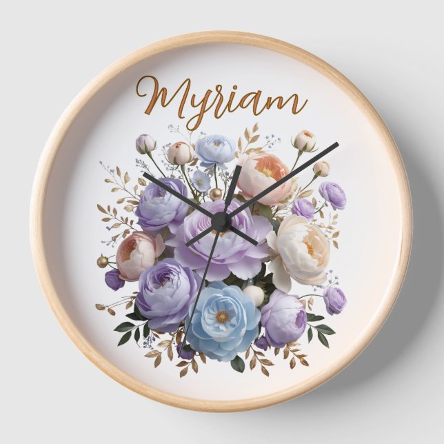 Elegant Peony Gold Floral Monogram Wood Clock (Front)