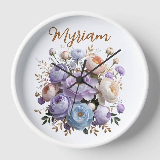 Elegant Peony Gold Monogram White Wood Clock (Front)