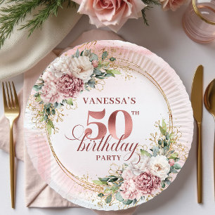 Elegant Peony Greenery Rose Gold 50th Birthday  Paper Plates