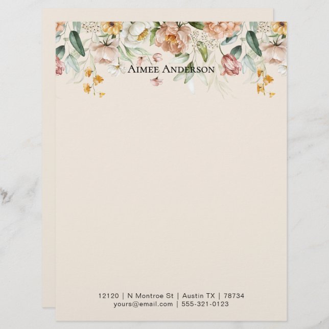 Elegant Peony Hydrangea Floral Pattern Border Letterhead (Front/Back)